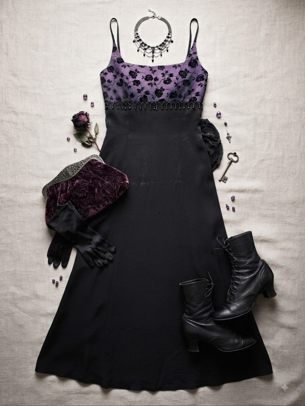 90s Hyphen Black Purple Floral Beaded Formal Floor Length Dress